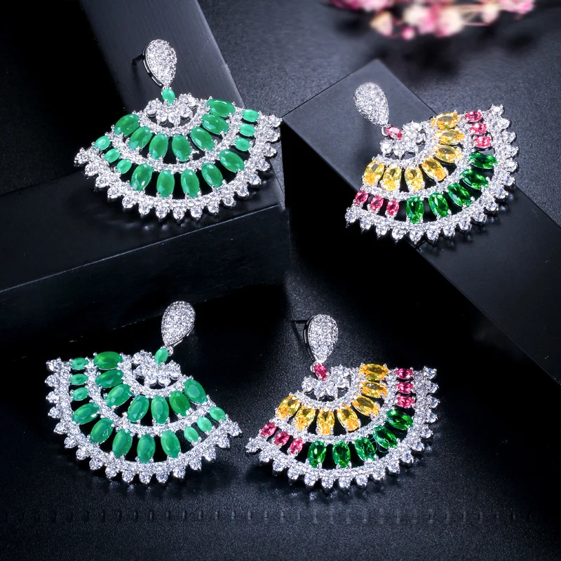 CWWZircons New Arrival White Gold Color CZ Jewelry Big Drop Green Cubic Zirconia Stone Vintage Dangle Earrings for Women CZ374