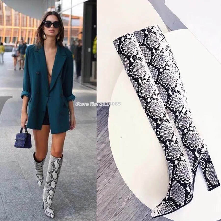 

European Ladies Grey Snakeskin Printed Chunky Heel Knee High Boots Pointed Toe Sexy Python Pattern Printed Gladiator Long Boots