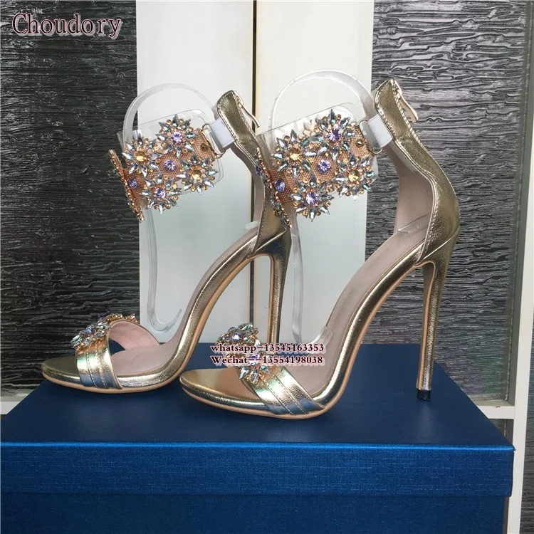 Top Quality Rhinestones Gold Women Sandals Summer Crystal Women Sandals High Heels Open Toe Thin Heels Weeding Women Shoes