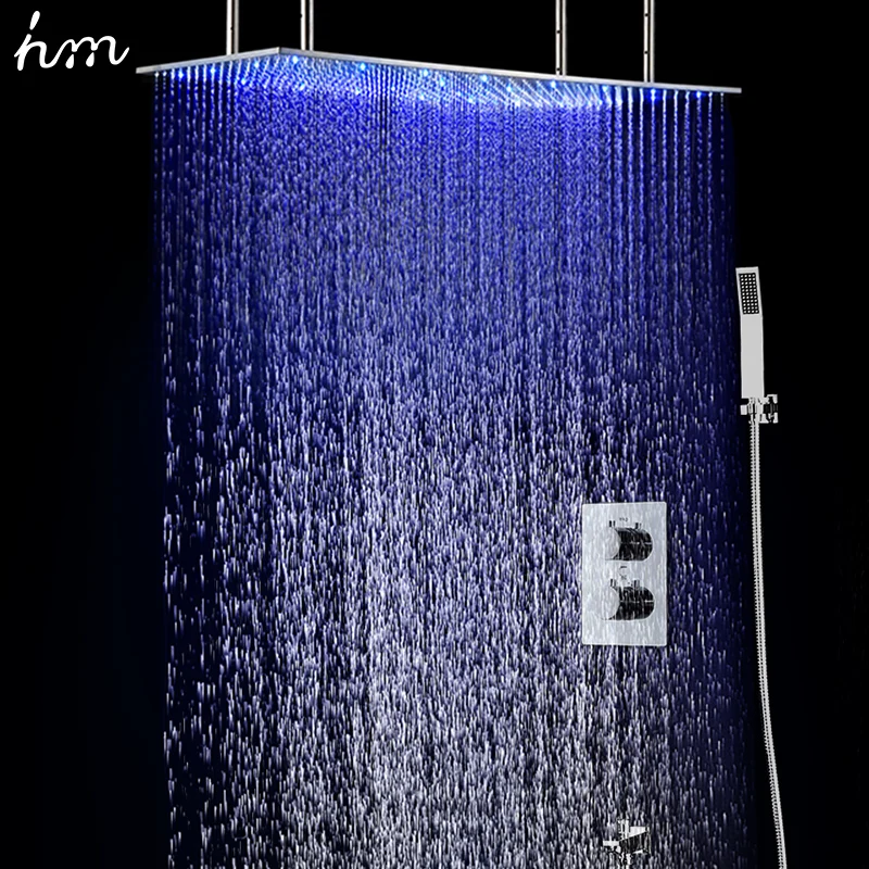 hm Concealed Thermostatic Shower System Set 20x40Inch Square Ceiling LED Shower Head Panel Bathroom Large Rainfall Shower Faucet