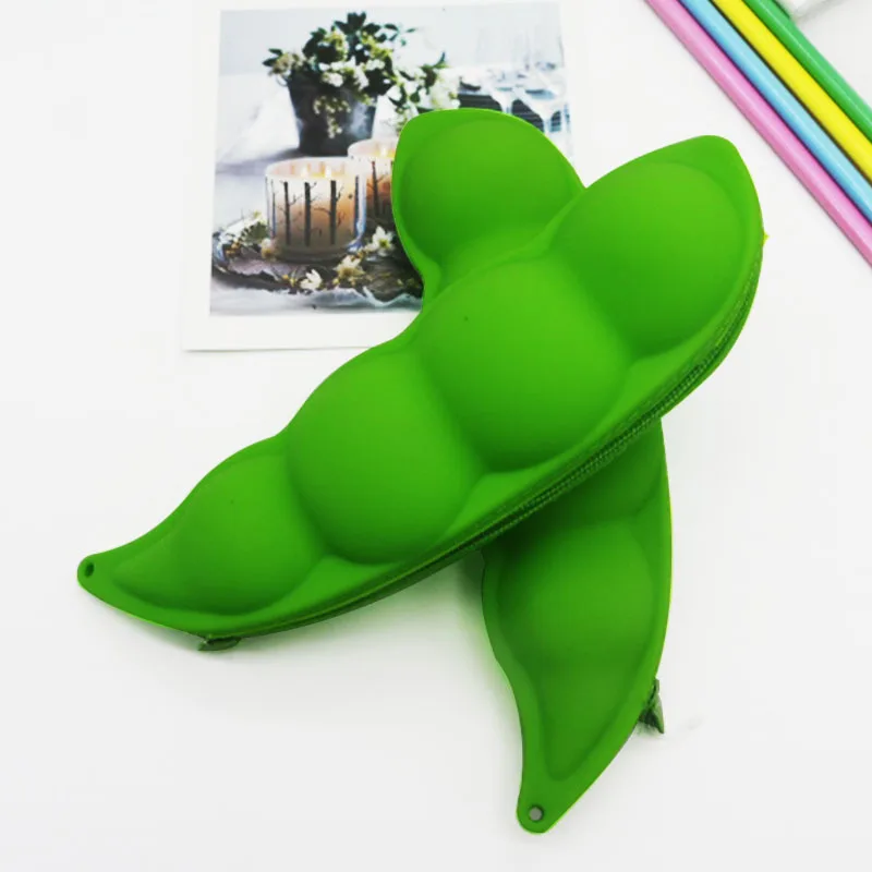 Kawaii Silicone Pencil Bag Pouch Novelty Soft Pea Pencil Case Cute School Stationery Gift For Kids Green Plant Pen Box Supplies