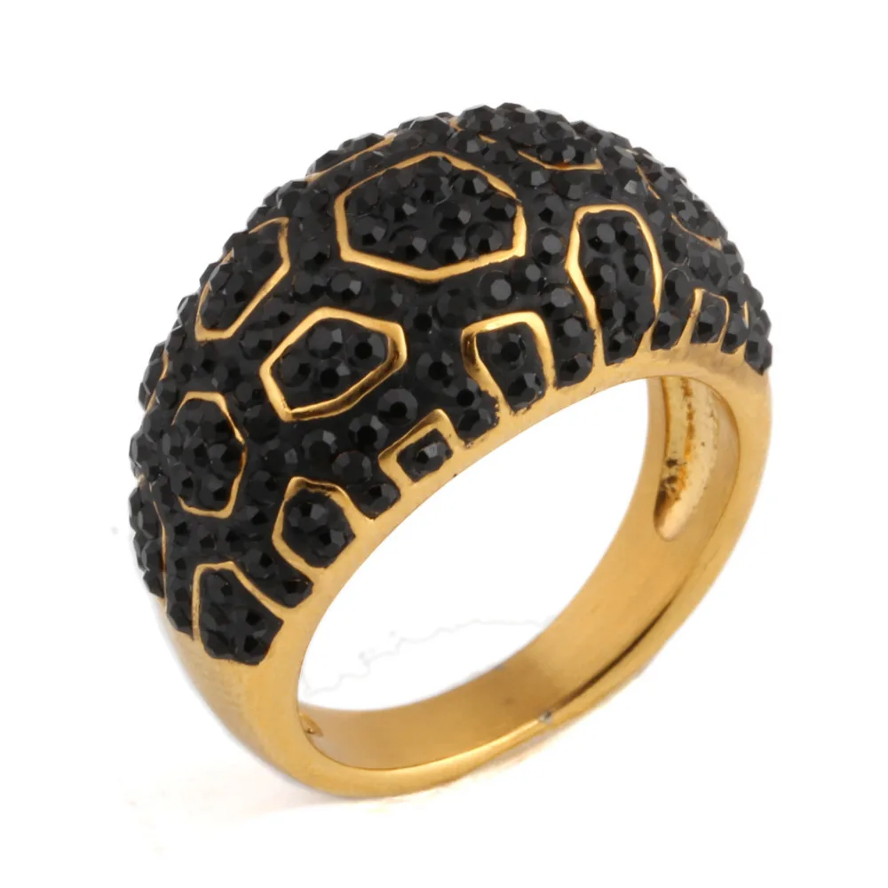 Genuine Gold Color Black Crystal Rings Wedding Brand Fashion Stainless Steel Jewelry Ring for Women