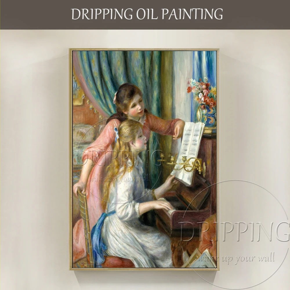 

High Quality Wall Painting Decor Hand-painted Impressionist Girls Playing Piano Oil Painting on Canvas Play Piano Oil Painting