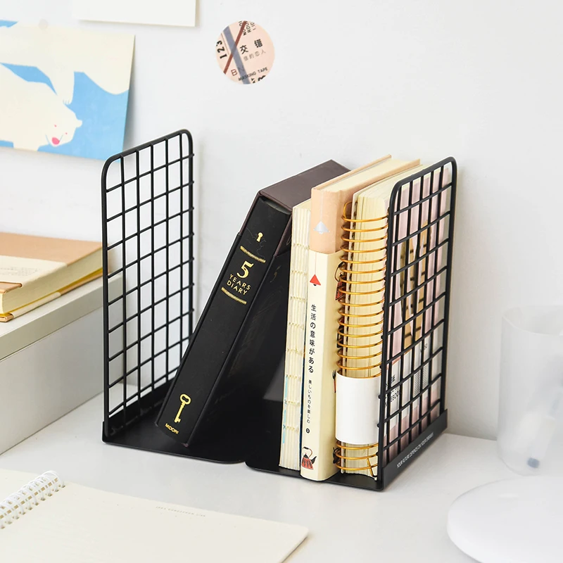 Creative Grid Metal Bookends Standing Desk Organizer Bookshelf Students Book Holder School Office Stationery