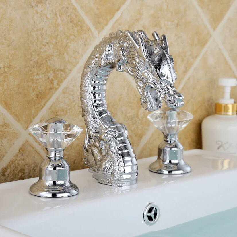 

Free shipping chrome clour Solid brass 3 Pcs Widespread lavatory Bathroom Sink Faucet crystal handles DRAGON FAUCET