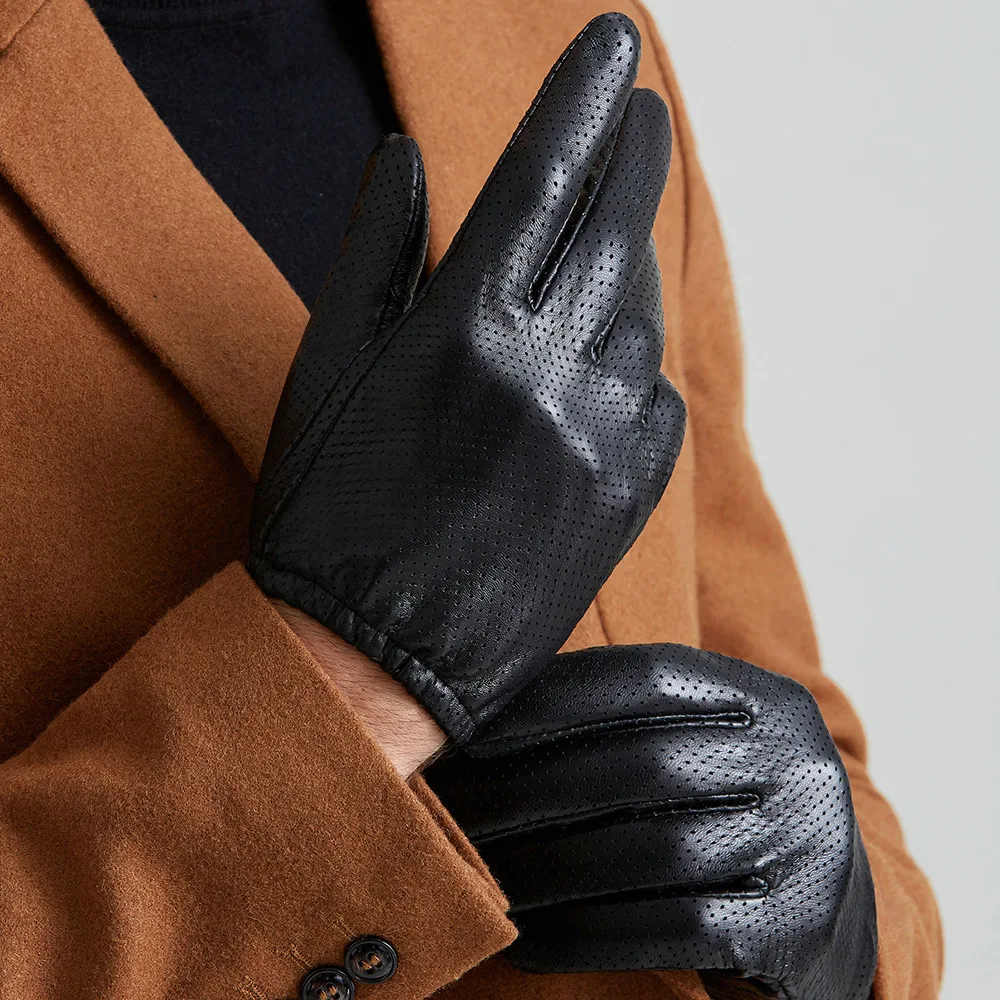 Men Fashion Gloves Genuine Sheep Leather Gloves Short Design Touch Screen Real Leather Gloves Mesh Driving Gloves LG024