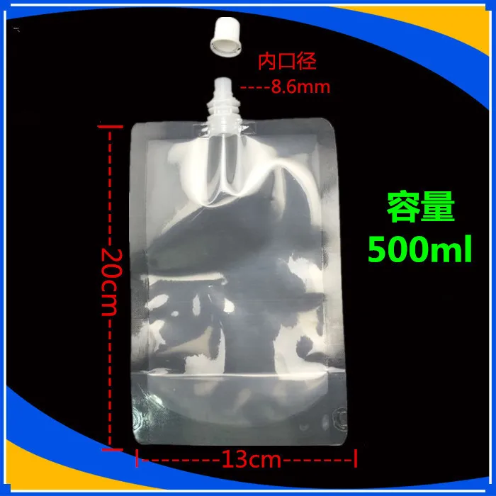 

13*20cm 500ml 50Pcs Jelly Liquid Clear Plastic Doypack Spout Packing Bag Drinking Wine Empty Stand Up PE Poly Package Pocket