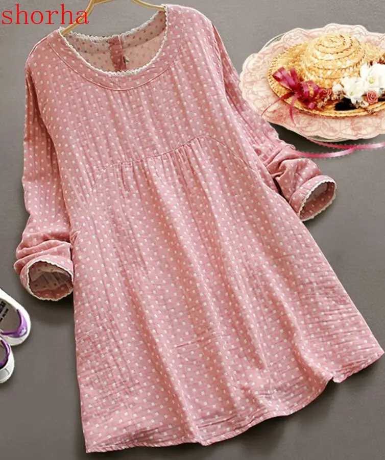 shorha lovely princess A-line dress maternity long sleeve cotton linen polka dot dress pregnant women autumn spring plaid dress