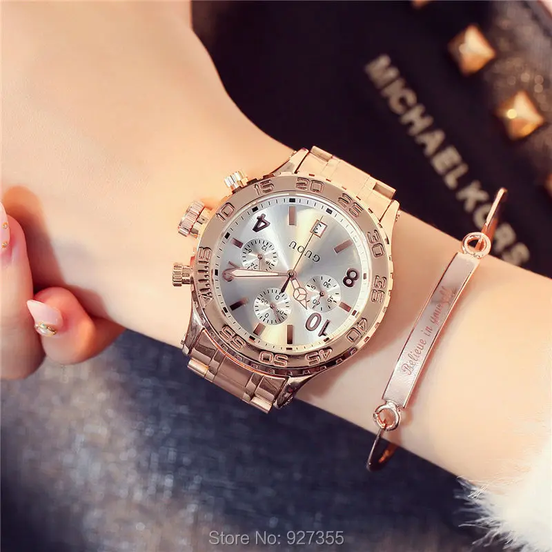 2023 New GUOU Watch Fashion Women Calendar Rose Gold Quartz Watch Six-pin Retro Big Dial Female Multifunction Waterproof Clocks