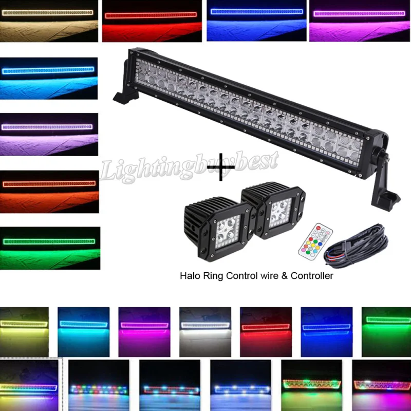 

22" 120W Led light bar Spot Flood Combo beam +2x Flush Mount Led work light Pods with RGB halo ring Chasing Color Change 12V DC