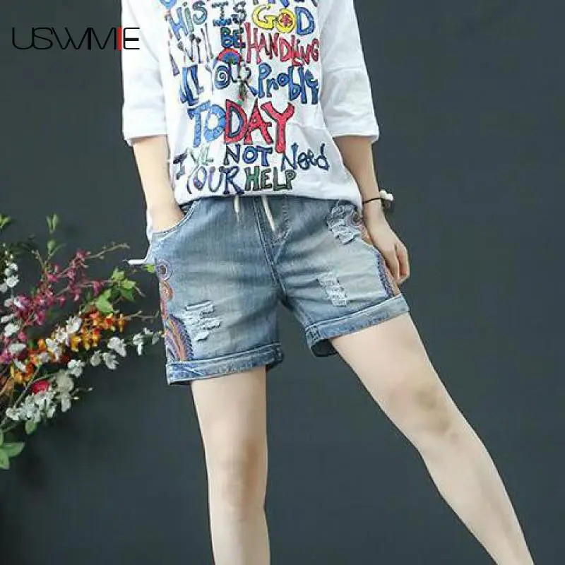 

2020 Denim Shorts Casual Folk-custom Embroidery Hole Thin Loose Elastic Waist Elastic Waist Comfort Jeans Woman Shorts USWMIE