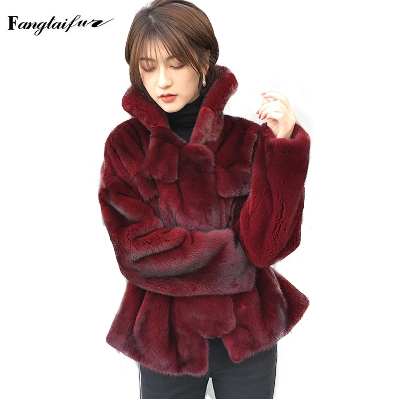 Ftangaiur Winter Import Velvet Mink Fur Coat Mandarin Collar Full Sleeve Slim Mink Coats Women's Short Real Mink Fur Coats