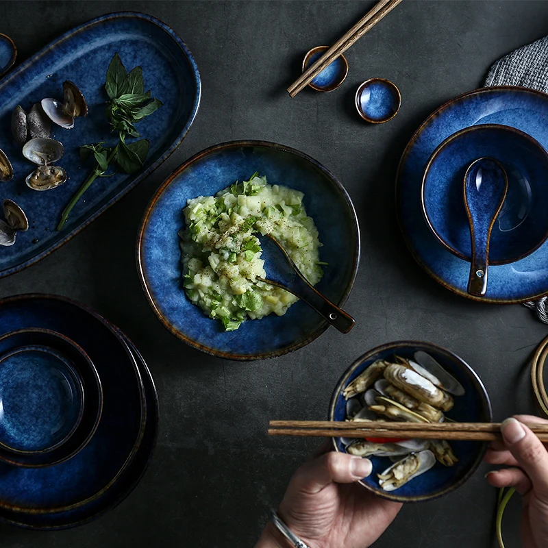 KINGLANG 1/2/6 Person Dinner Set Deep Blue Ceramic Tableware Set Plate Bowl Cup Sauce Dish Porcelain Tableware