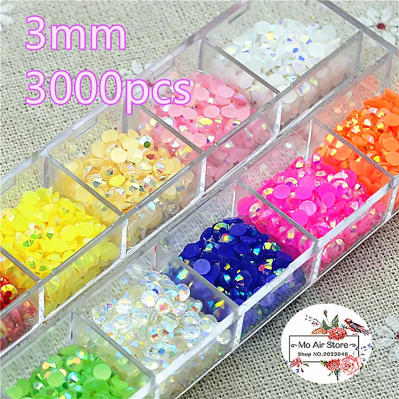 

3000pcs/lot 3mm 12 Color Jelly Rhinestones Flatback Half Round Beads Jewelry Crafts Decoration ScrapBooking