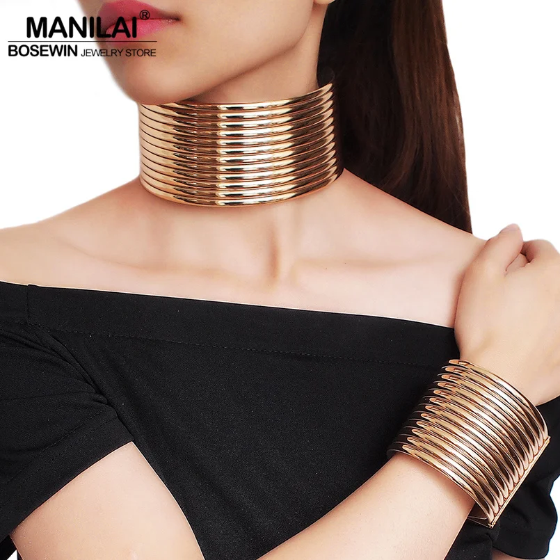 

MANILAI Vintage Statement Choker Necklace Sets Women African Jewelry Chunky Leather Collar Necklace Bracelets Set Adjustable