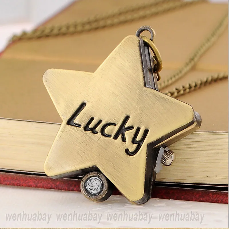 New Bronze Pocket Watch Men Women Lucky Star Shape Lovely Quartz Fob Watches Gifts With Chain Necklace Pendant Girl Lady P306