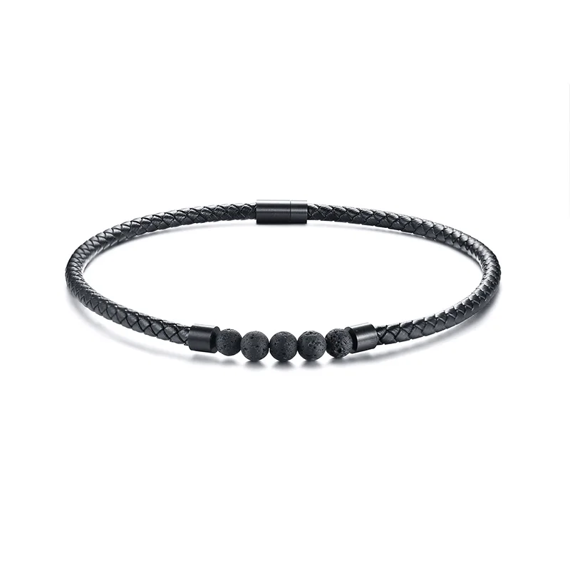 Black Genuine Leather Choker Necklace for Men Lava Stone Magnetic Closure Energy Power Male Jewelry