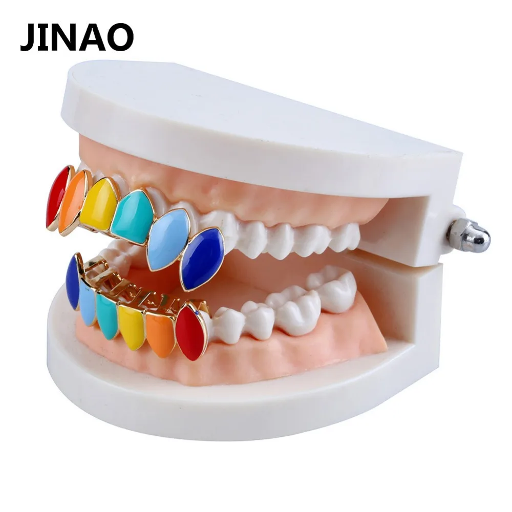 JINAO HipHop Rainbow Gold Silver color Teeth Grillz Top & Bottom Grills Dental Mouth Cosplay Party Tooth Punk Body Jewelry Gifts