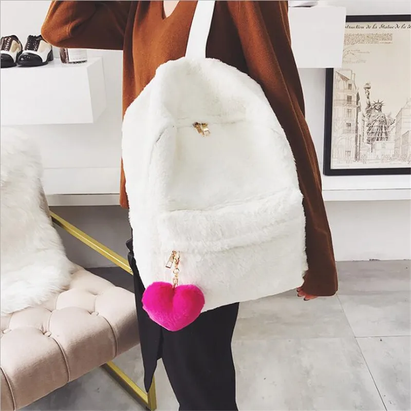 2023 Cute Solid Faux Fur Backpack Heart Pendant Winter Soft Women's Big Plush Backpack Pink Black White Rucksack