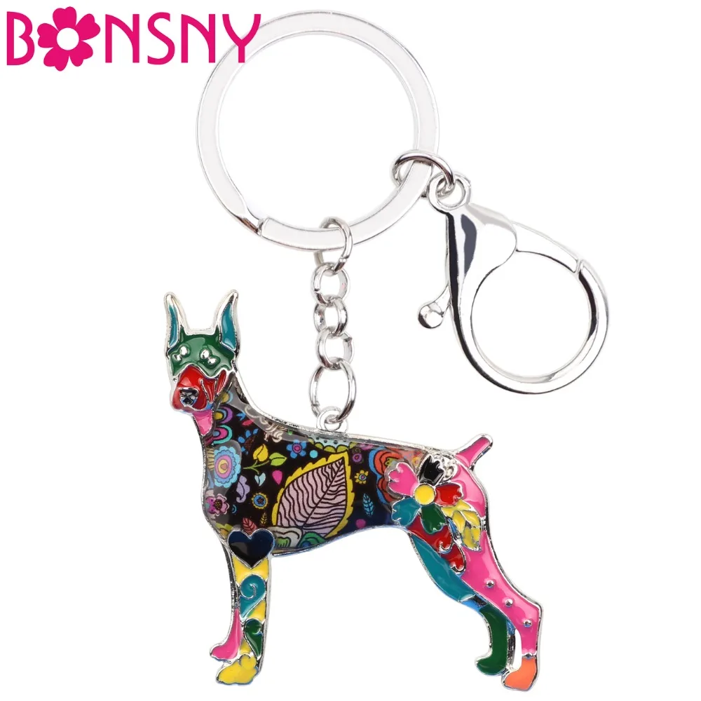 Bonsny Enamel Alloy Doberman Dog Key Chain Key Ring Jewelry For Women Bag Purse Pendant Car Key Holder 2018 New Keychain Charms