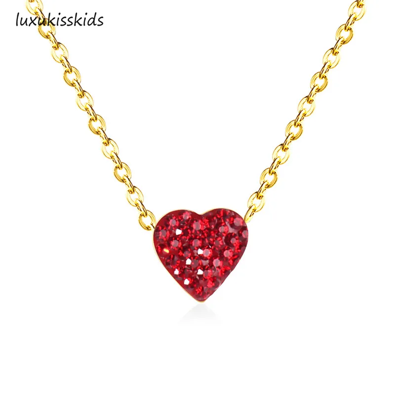 LUXUKISSKIDS Rhinestone Heart Pendant Necklace Woman/Girls Clavicle Choker Tiny Red Pink Black Simple Love Jewelry Romantic Gift