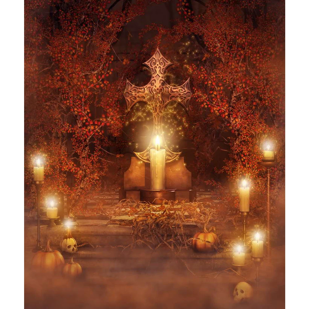 

Fairy Tale Photography Background Printed Graveyard Candle Light Skulls Maple Trees Pumpkins Kids Halloween Party Photo Backdrop