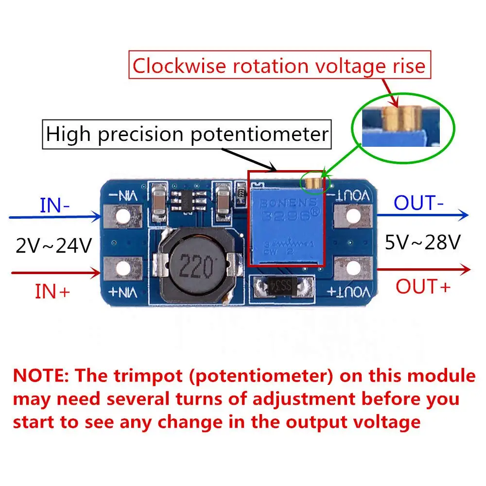 MT3608 DC-DC Adjustable Boost Module Feed Converter Voltage Regulator Module 2V-24V to 5V-28V 2A Power Module