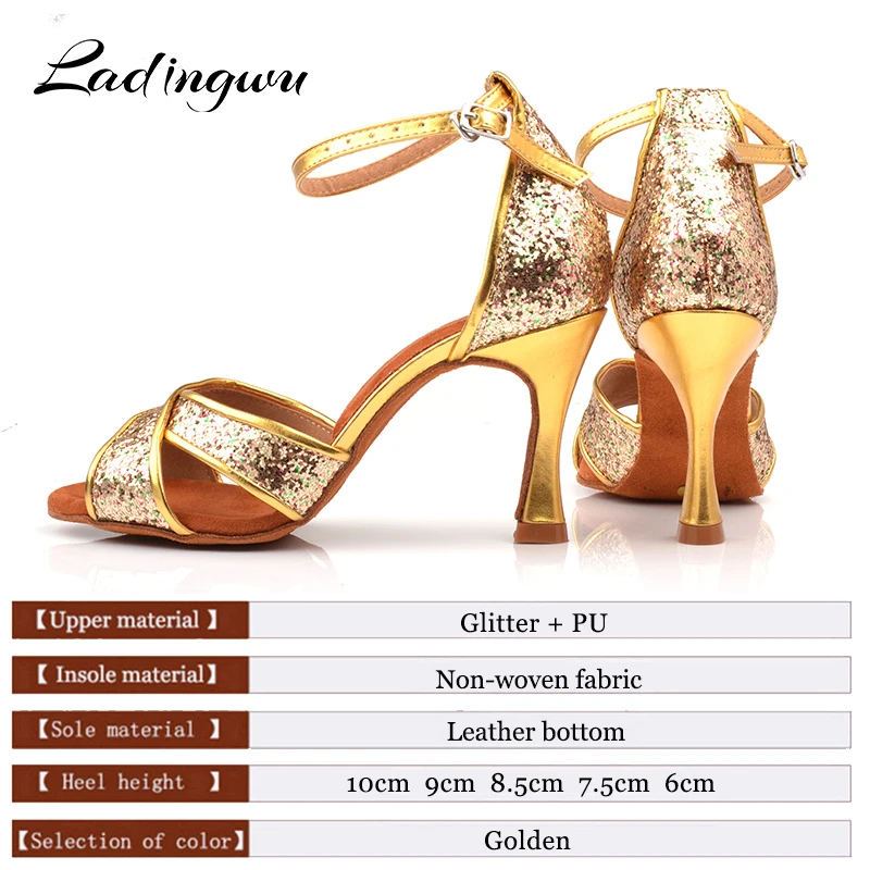 Ladingwu Dance Shoes Women Color Flash Gold PU Latin Shoes Dance Ballroom Dancing Shoes Plush Pad Tango Salsa Cuban heel 9cm