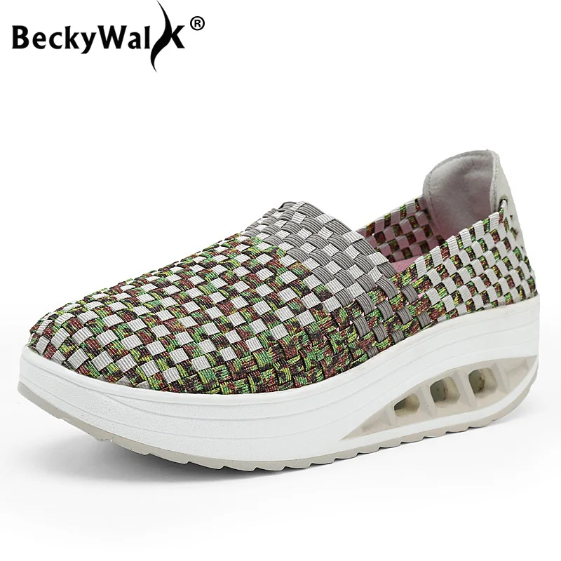

Женские кроссовки без шнуровки BeckyWalk, тканые летние кроссовки на платформе с сеточкой, WSH2911