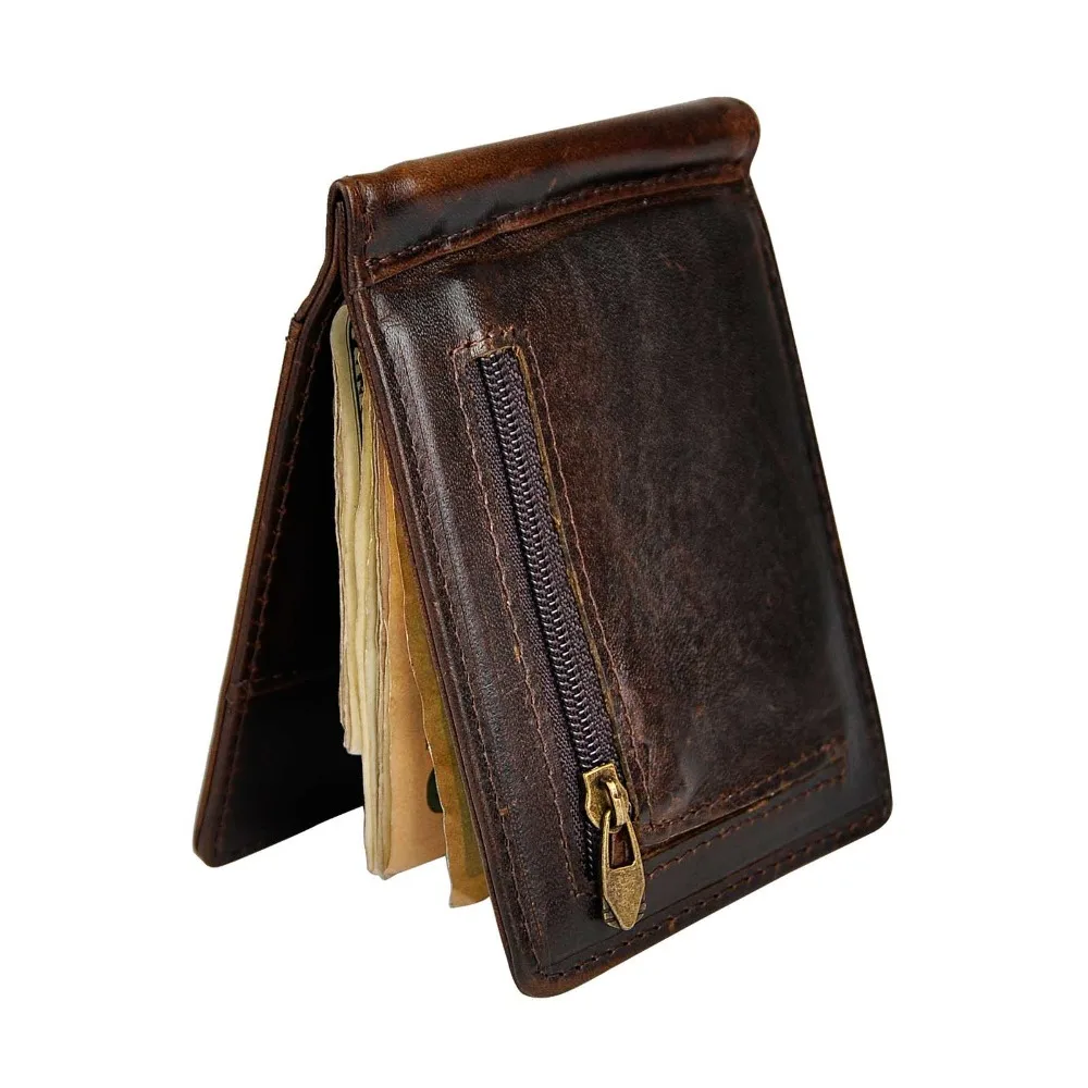 Genuine Leather Men Magnetic Money Clip Gift Wallet Card Photo Holder Case Design Front Pocket Wallet Mini Purse Male 1098-c