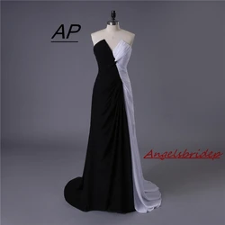 Vestidos De Festa Front Split Chiffon Cheap Evening Gowns Black And White Long Evening Dresses Sexy Robe De Soiree Party