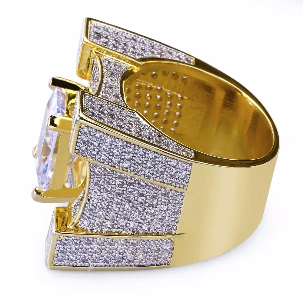 AAA Cubic Zirconia Ice Out Bling Golden Big Wide Hip Hop Rings Gold Color Geometric Men Hiphop Rapper CZ Ring Jewelry
