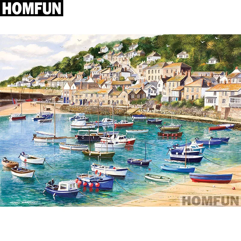 

HOMFUN Diy Full Square Round Drill 5D Diamond Painting Cross Stitch Diamond Embroidery "Boat & town" Home Decor Gift A01717