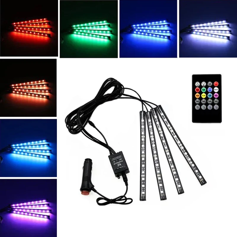 

JEAZEA 12V DC LED Car Interior Floor Atmosphere Light Music Control Multi-color Decal Lamp Wireless Remote Cigarette lighter