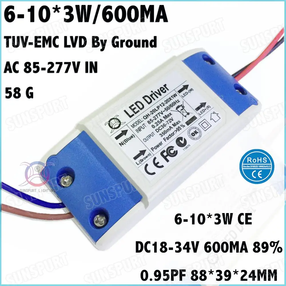 5-20 Pieces By Ground TUV-CE EMC LVD PF External 20W AC85-277V LED Driver 6-10Cx3W 600mA DC18-34V Constant Current Free Shipping