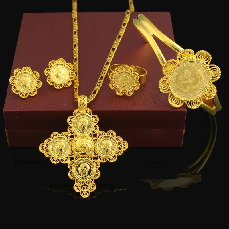 Nieuwste Ethiopische 5 stks Coin Cross Bruiloft Sieraden Sets 24 K Goud Kleur Bridal Romantische Habesha Sieraden voor Vrouwen Beste geschenken