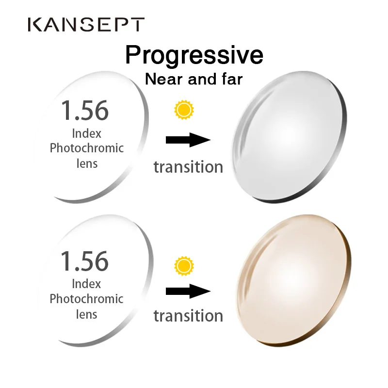 KANSEPT 1.56 Index Photochromic Grey Progressive Lenses Aspheric Prescription Brand Resin Anti UV Oil Water Reflect Glasses Lens