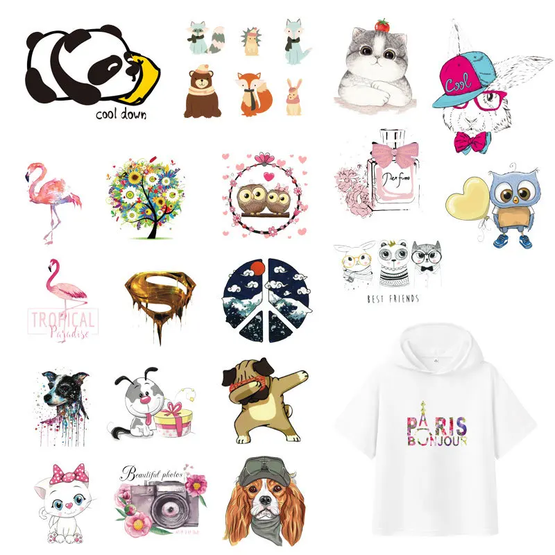 Cartoon Lovely Animals Iron On Heat Transfer Patches For Kids Clothing 3DDIY Stripes Applique T-shirt Custom Stickers Appliques