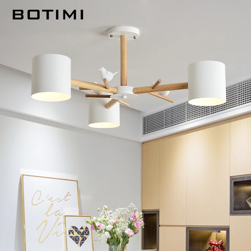 BOTIMI Nordic 220V Birds Chandelier With Metal Lampshade For Living Room Modern Wooden Bedroom Chandeliers