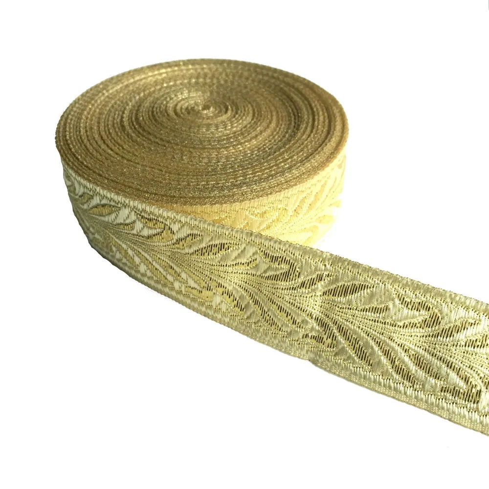 ZERZEEMOOY 1 inch 25MM 10YARD/LOT Light Gold Leaf Design Jacquard Ribbon MZZD18122601