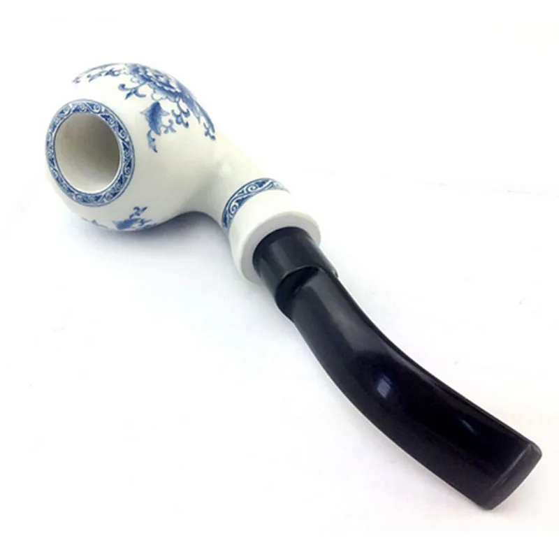 MUXIANG Handmade Ceramic Pipe Bending Type Blue and White Porcelain Smoking Pipe Double Insulation Clay Fugu Tobacco Pipe an0001