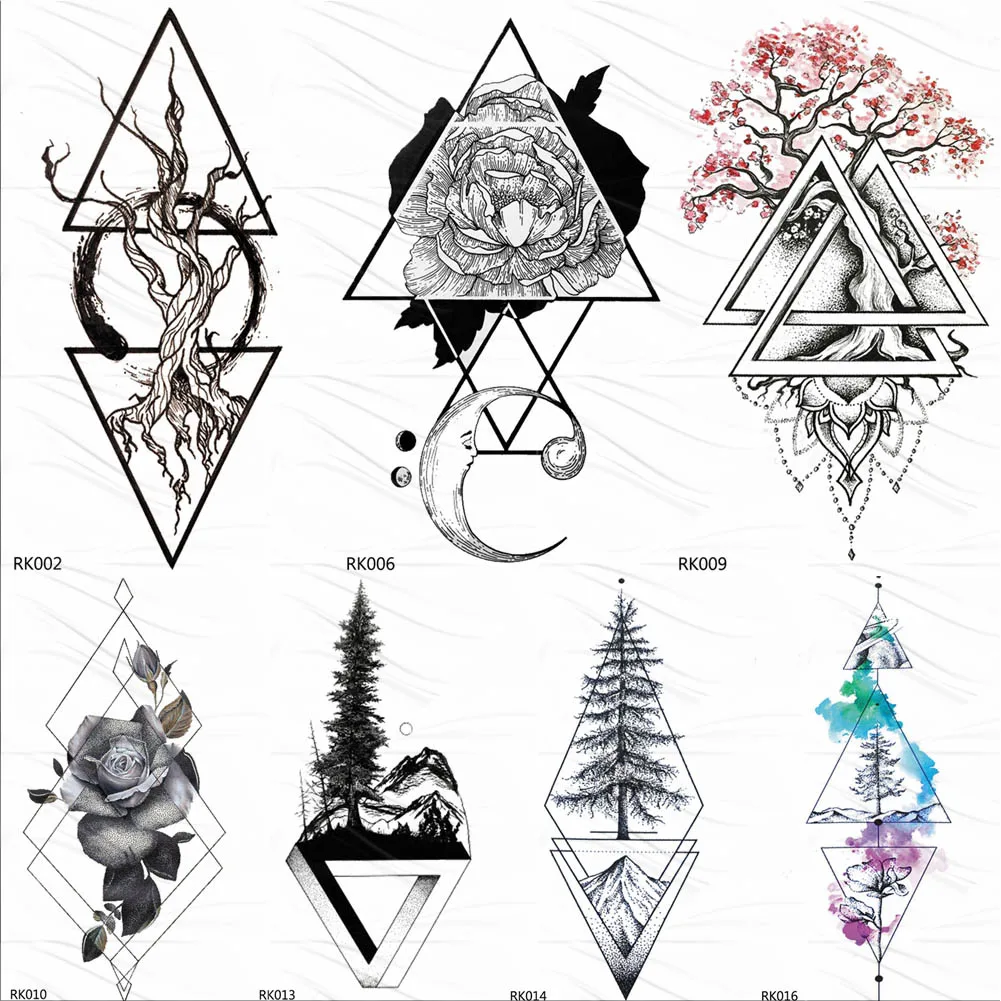 Black Realistic Geometric Rose Flower Triangle Temporary Tattoos Sticker Moon Tattoo Body Art Plum Blossom Fake Tatoos Jewel