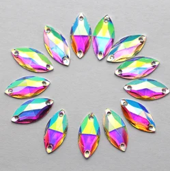 7*15mm 100pcs Marquise Crystal AB Color Silver Base Sew On Rhinestone Beads, Sew On Stones Spacer buttons for Garment Jewelry