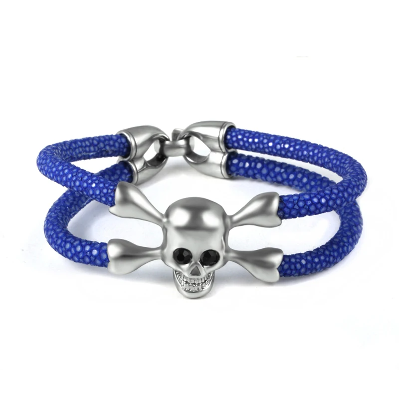 

(10pcs) Men Silver Stainless Steel Skull Bracelet High Quality 5mm Stingray Leather Black Eye Leather Bracelet Luxury Gift