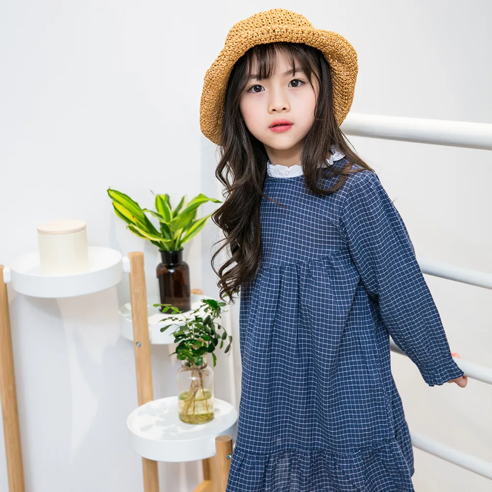 2018 Spring Korean Girl dress cotton Lace neckline lattice fold floral Princess Dresses fashion Children's clothing kids clothes