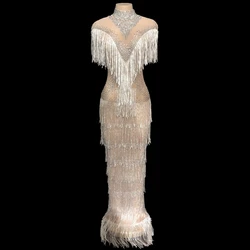 Fashion Rhinestones Fringes Dress Women Evening Birthday Celebrate Tassel Party Dresses Nightclub Stage female Singer Long Dress