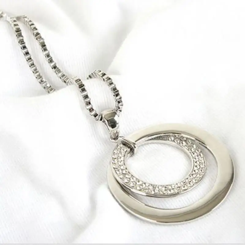 1Pc Womens Fashion Rhinestone Double Circle Long Chain Pendant Necklace Gifts