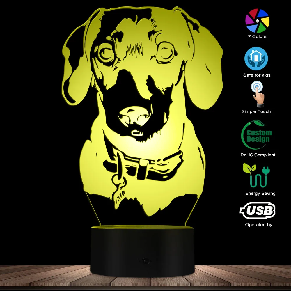 Dachshund retrato iluminação 3d ilusão óptica luz usb lâmpada noite moderna cão animal incandescente led luz decoração da sua casa lâmpada de mesa