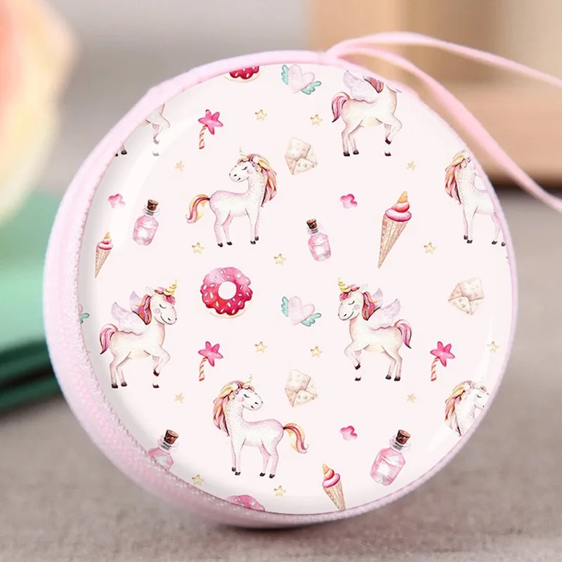 아이 소녀 선물을위한 유니콘 이어폰 가방 철 금속 키 편지지 카드 애니메이션 지퍼가 달린 라운드 스토리지 하드 가방 헤드셋 상자 SD TF