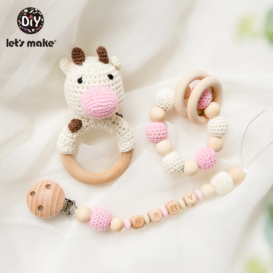 Let\'s Make 1pc Wooden Teether Amigurumi Baby Pacifier Chain Holder Crochet Mobile Baby Teether Woode Baby Rattle Toy